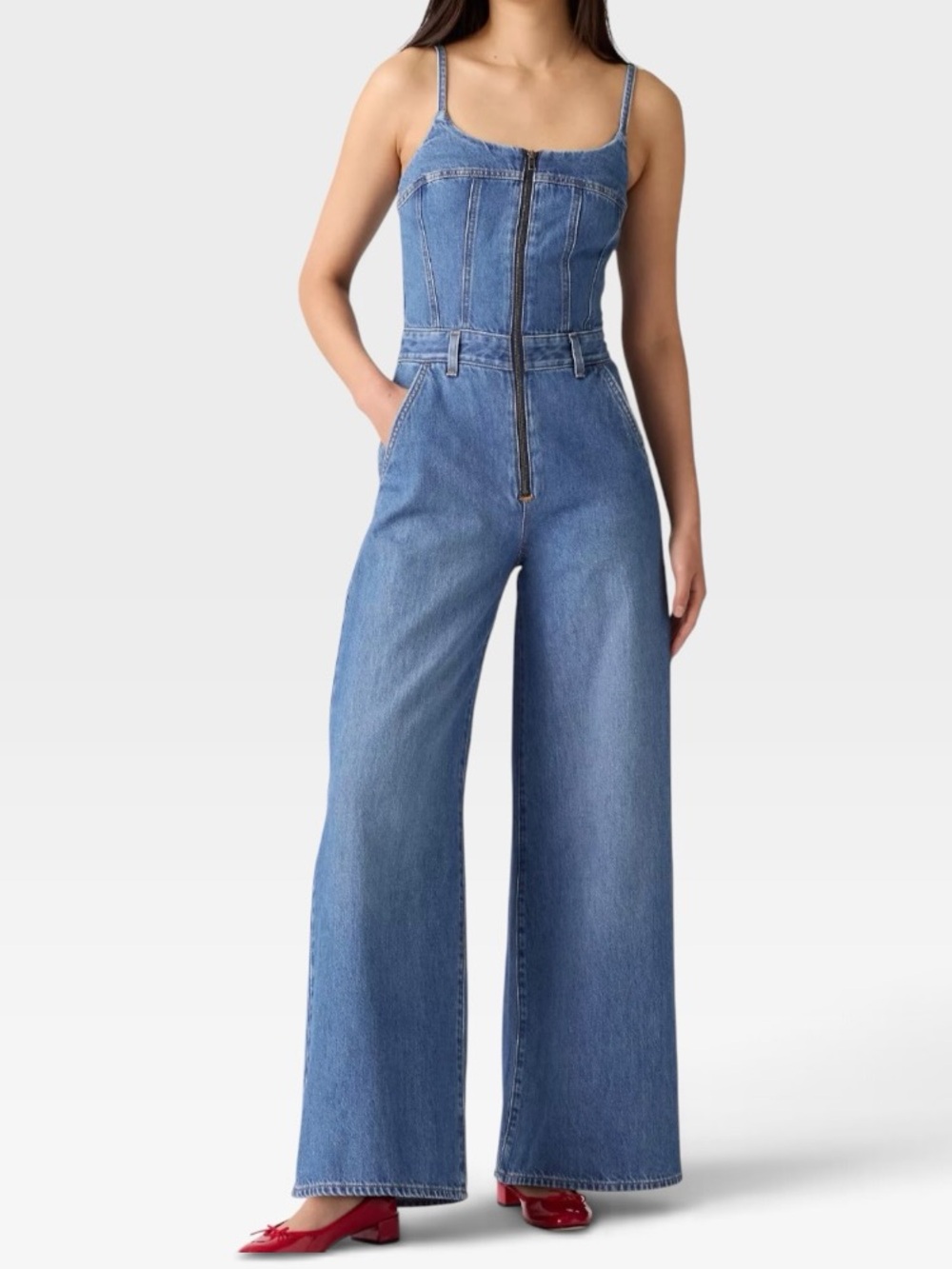 Levis Womens Denim Wide Leg Jumpsuit Blue Medium Wash Zip Front XL